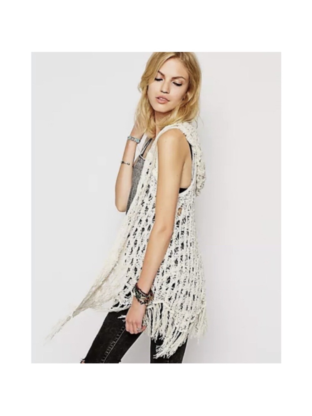 Free People Weave Away Cream Crochet Fringe Hooded Vest